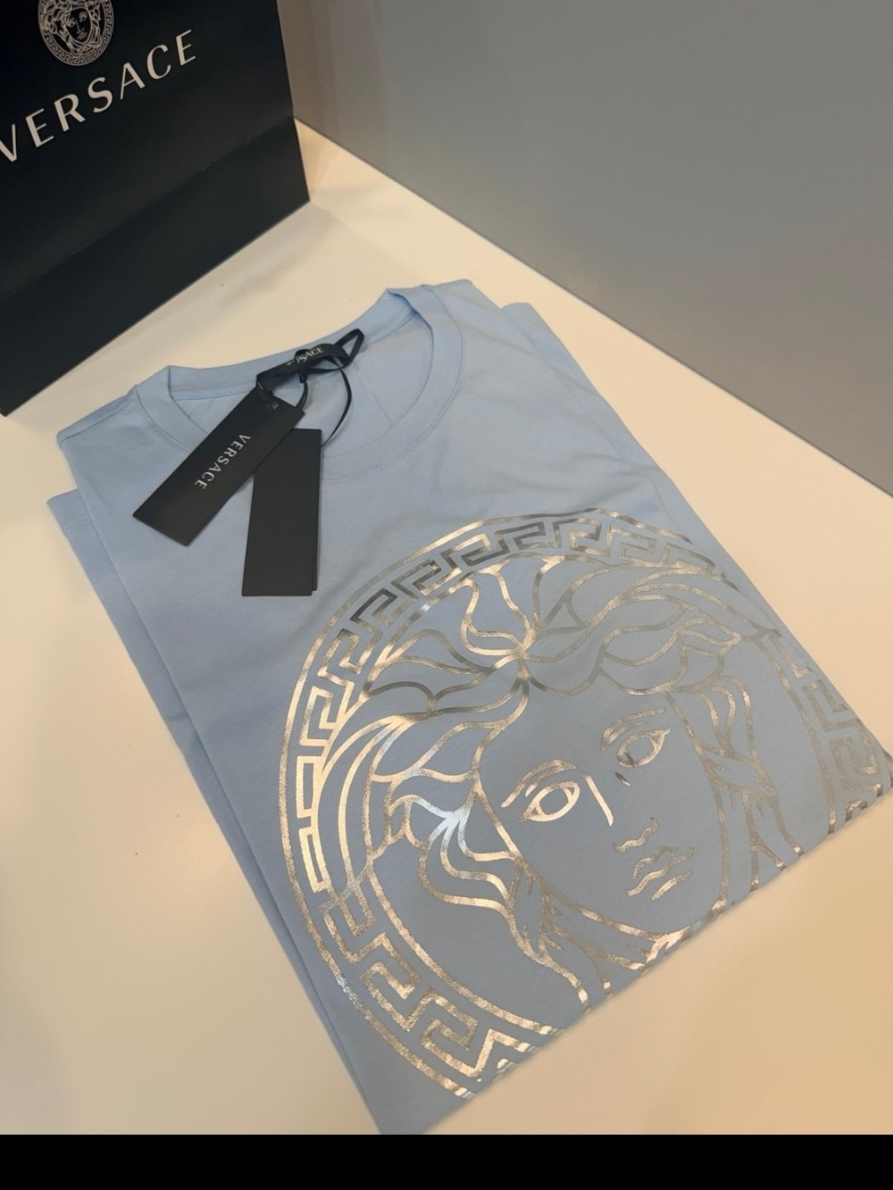 Versace Light Blue Short-Sleeve Medusa Logo Tee/Size L